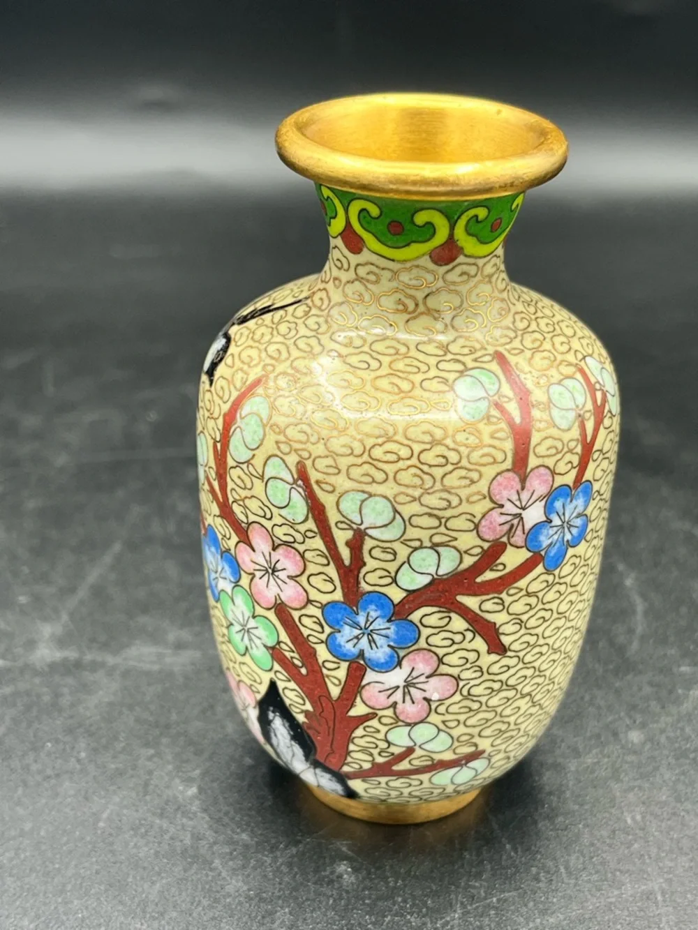 Vintage Asian Oriental Cloisonne Enameled Vase Floral bird, 4” - Picture 4 of 12